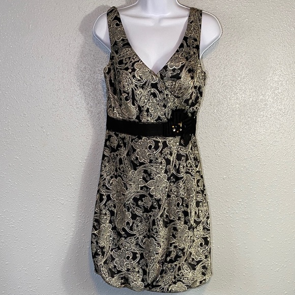 VNTG Y2K BCBG Black and Cream Silky Textured Paisley Mini Bubble Dress - Picture 1 of 8